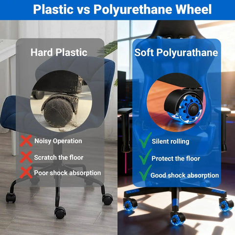 Comparison of hard plastic and soft polyurethane chair casters showing benefits of Heavy Duty 2 Inch Rubber Chair Casters Set Of 5 With Clear Polyurethane Wheels For Smooth Rolling On Hardwood Carpet And Tile Floors Universal 11 By 22 Mm Fit Ideal Replacement For Office And Gaming Desk Chairs Gentle On Floors