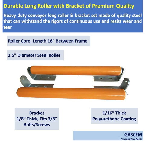 Polyurethane Coated Long Roller With Bracket Set 16" Length, 1.5" Diameter Conveyor Galvanized Steel for Stands and Woodworking.