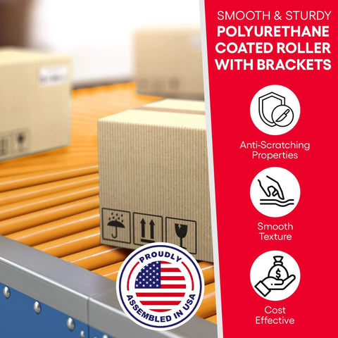 Polyurethane Coated Roller with Bracket on assembly line for smooth material handling and anti-scratching, USA assembled