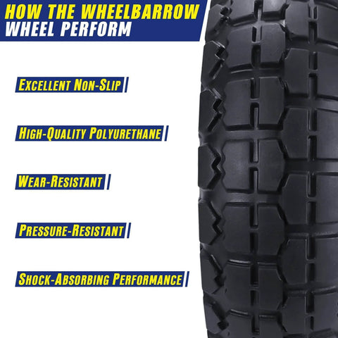 Close-up of 10" flat free tire showing tread pattern, label highlights non-slip, polyurethane, wear-resistant features