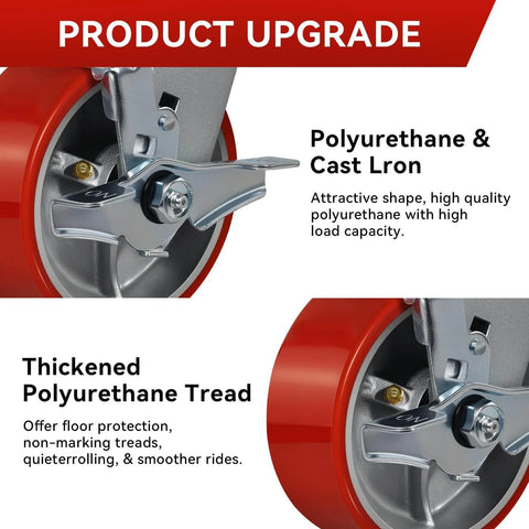 Close-up of 5'x2" industrial casters with polyurethane tread, heavy duty load capacity, designed for smooth motion and alignment in systems.