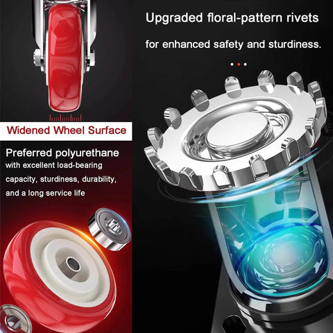 Close-up view of 4 Inch Heavy Duty Locking Caster Wheels Set of 4 with widened wheel surface and upgraded floral-pattern rivets for sturdiness.