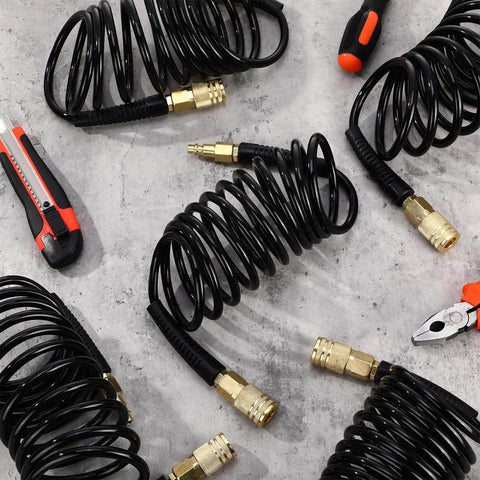 10 Pack 1/4 In X 10 Ft Polyurethane Recoil Air Hose With Bend Restrictor, Quick Couplers And Plugs for garage tools