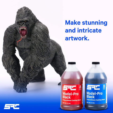 Gorilla figurine with Model Pro Black Two Part Polyurethane Casting Resin Kit 1 Gallon with 0.5 Gallon Part A and 0.5 Gallon Part B