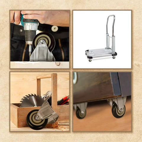 4 Pack 4 Inch Rigid Non-Swivel Caster Wheels With Top Plate Hardware Kit Black Polyurethane Wheels installed on cart