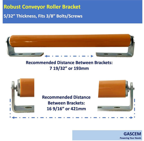 Polyurethane Coated Long Roller With Bracket Set, 5/32" thickness, 3/8" bolts, recommended bracket distances shown.
