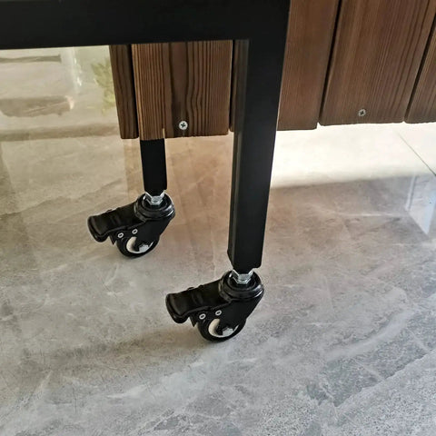 Set Of 4 Heavy Duty 1.5 Inch Stem Casters With 5/16-16 X 1 Inch Threaded Stems Carbon Steel Frame And Polyurethane Wheels installed on table