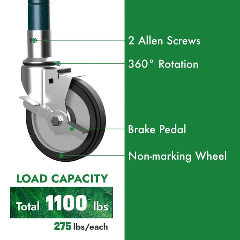 Five Inch Universal Wire Shelving Swivel Casters With Polyurethane Wheels Set Of Four Top Lock Brake For 1 Inch Diameter Wire Shelving Posts Ideal For Heavy Duty Garage Shelving Racks And Industrial Storage close-up showing brake pedal and load capacity