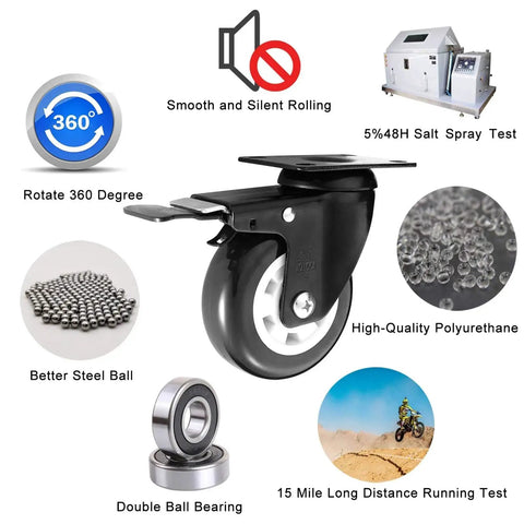 Heavy Duty 4 Inch Plate Caster Wheels With Polyurethane No Noise Premium Double Ball Bearing Steel Locking Swivel Casters 330 Lbs Per Caster