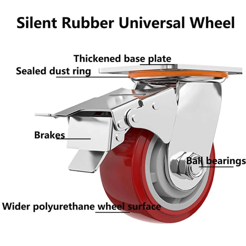 Heavy Duty Swivel Caster Wheels Set of 4 with Dual Locking Brakes, featuring steel bracket, ball bearings, and polyurethane surface.