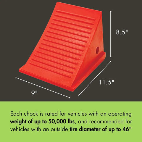 Heavy Duty Wheel Chock For 32 To 46 Inch Tires, 50k Lb Load Capacity, Made In USA Polyurethane Construction, orange, side view