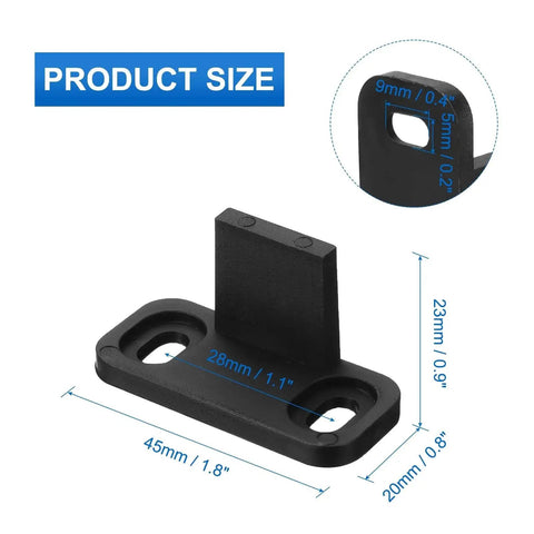Product size diagram of Two Pieces POM Barn Door Floor Guides, black, flat bottom, 1.8x0.8x0.9 inch, 28mm hole spacing, for sliding doors.