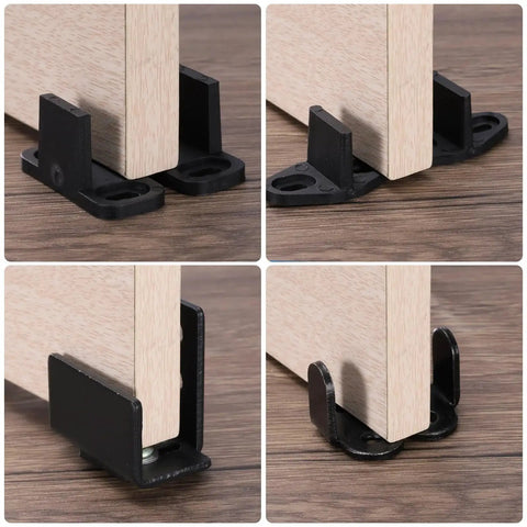 Two Pieces POM Barn Door Floor Guides For Universal Sliding Barn Door Hardware Flat Bottom Track Guide Swing Stopper Black Size 1.8x0.8x0.9 Inch With 28mm Hole Spacing Durable Floor Mount Guides installed on wooden door.