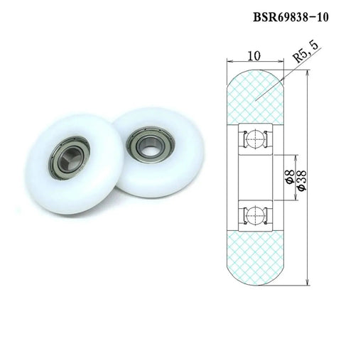 Four POM-coated bearing wheels sized 8x38x10mm deliver quiet, smooth operation for rowing machines and compact equipment, shown with specs