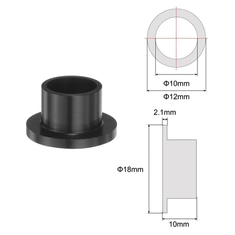 Flanged Sleeve Bearings 8 Pack Plastic Bushings POM Black 10mm Bore 12mm OD 10mm Length shown with dimensions.