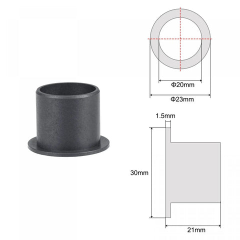 Flanged Sleeve Bearing Set 20mm Bore 23mm Outer Diameter 21mm Length With 30mm Flange 1.5mm Flange Thickness POM Self Lubricating Oilless Bushings Black