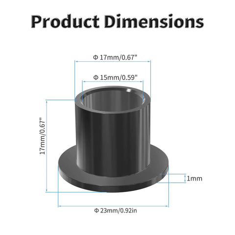 4 Pack POM Flanged Sleeve Bearings 15Mm Id 17Mm Od 17Mm Length For Shaft Of Equipment Machinery Oilless Black Self Lubricating Bushings With No Mess 23Mm Flange Diameter And 1Mm Flange Thickness, product dimensions illustration