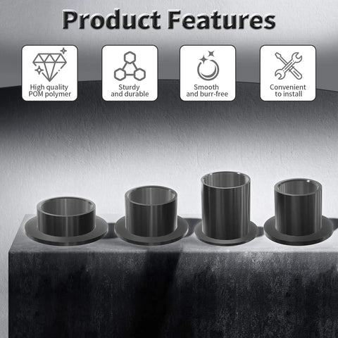 4 Pack POM Flanged Sleeve Bearings 15Mm Id 17Mm Od 17Mm Length For Shaft Of Equipment Machinery Oilless Black Self Lubricating Bushings With No Mess 23Mm Flange Diameter And 1Mm Flange Thickness displayed with product features icons, showing high quality, sturdy and durable, smooth and burr-free, and convenient to install