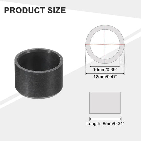 Diagram of Eight Pack POM Sleeve Bearings with ID 10mm, OD 12mm, Length 8mm; black self-lubricating plastic bushings for smooth motion.