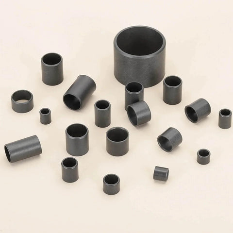 Array of black POM sleeve bearings, various sizes; featuring Six Pcs POM Sleeve Bearing Plastic Bushings Self Lubricating Oilless Maintenance Free.