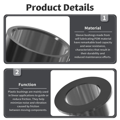 Material and function of 4 Pcs Pom Flanged Sleeve Bearings 8mm ID 10mm OD 10mm Length Flange Diameter 15mm Oilless Black POM Self Lubricating Flanged Bushings For Shaft Of Equipment And Machinery Ideal For Precision Machinery Applications In Automotive And Manufacturing Sectors displayed in graphic.