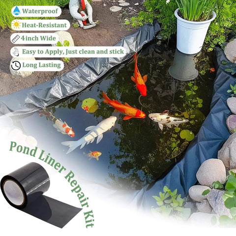 4 Inch Pond Liner Repair Tape Butyl Rubber Single Sided Waterproof Seal Kit for EPDM PVC HDPE Ponds in garden setting.