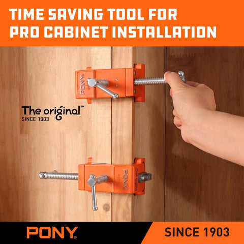 2 Pack Pony 8510 Cabinet Claw Face Frame Clamps in use during cabinet installation