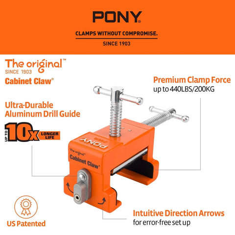 2 Pack Pony 8510 Cabinet Claw Face Frame Clamps for Cabinet Installation 440 LB Load Orange shown with features highlighted.