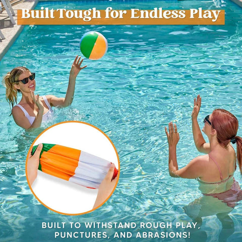 Two women playing in a pool with a 12-Pack 12” Beach Balls - Bulk Classic Beachball Inflatable Swimming Pool Toys, Rainbow Color
