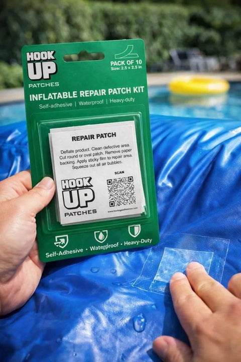 Person applying Heavy Duty Peel And Stick Patch Kit For Pool Floats Inflatables And Air Mattresses Waterproof No Glue Needed 10 Pack 2.5 Inch By 2.5 Inch Patches Quick Fix For PVC to blue inflatable.
