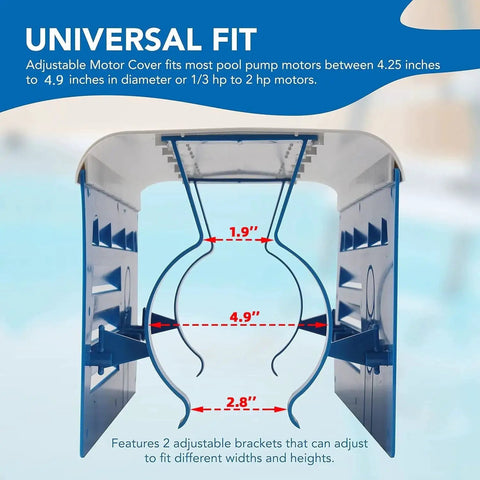 Universal Pool Pump Motor Cover With Adjustable Fit For 1/3 To 2 HP Motors shown with dimensions and adjustable brackets.