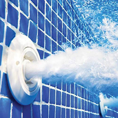 Valve actuator on a white circular housing spraying water from a blue-tiled pool wall.