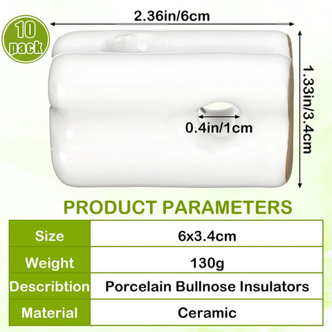 Porcelain bullnose insulators, Honeydak, white ceramic, 10-pack for electric fences.