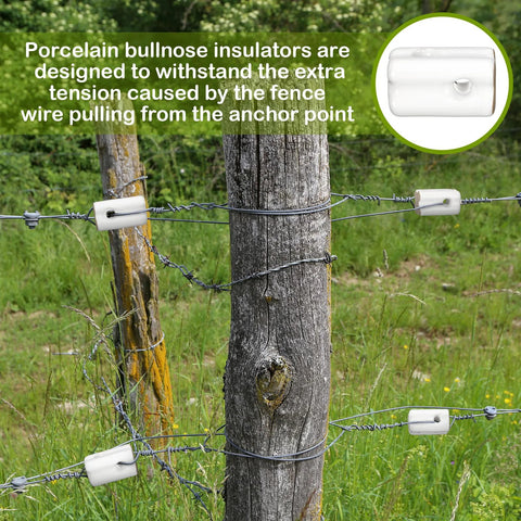 Porcelain bullnose fence insulators, white ceramic for wire on wood posts; set of 10