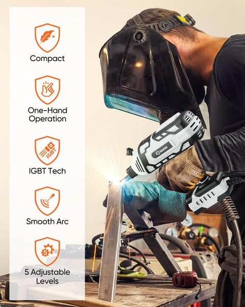 Person using Portable 110V Arc Welder With IGBT Inverter 5 Current Settings for DIY metalwork on a table. Safety helmet worn.