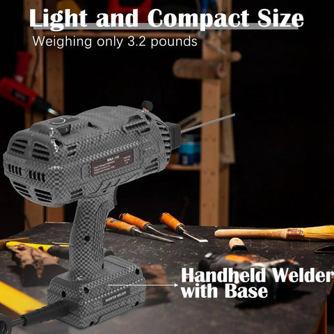 Portable 140A 110V IGBT Inverter Handheld Welder With Hot Start Arc Force Anti Stick and Base Stand on workbench