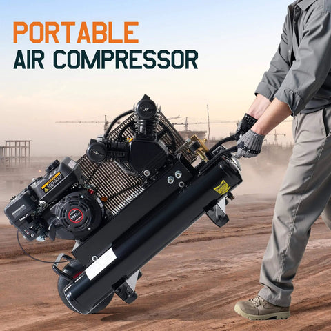 Person pushing Albott 6.5HP Gas Powered Air Compressor, 8 Gallon Horizontal Tank with Wheels 10CFM@Max 115PSI on a construction site