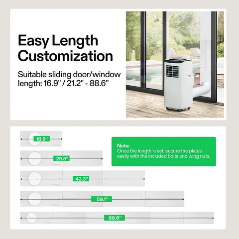 Portable AC Sliding Door Vent Kit With Adjustable Length From 16.9 To 88.6 Inches Fits 5.1 And 5.9 Inch Exhaust Hoses For Sliding Doors Or Windows Seals Outside Air Keeps Indoor Air Cool Or Warm Reduces Energy Use And Simplifies Installation with visual guide for length adjustments.
