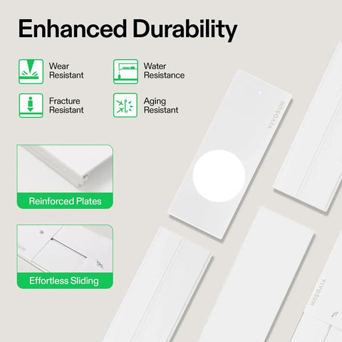 Portable AC Sliding Door Vent Kit With Adjustable Length From 16.9 To 88.6 Inches, reinforced plates, white material, durability features.