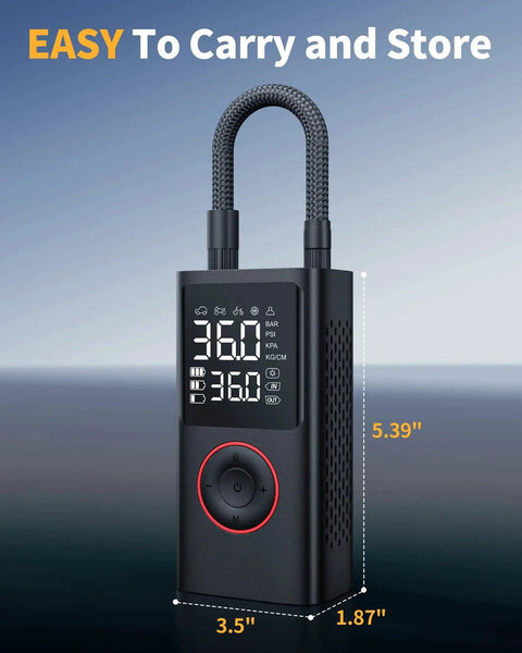 Cordless Tire Inflator Portable Air Compressor 150 PSI with Pressure Gauge and LED Light, dimensions shown