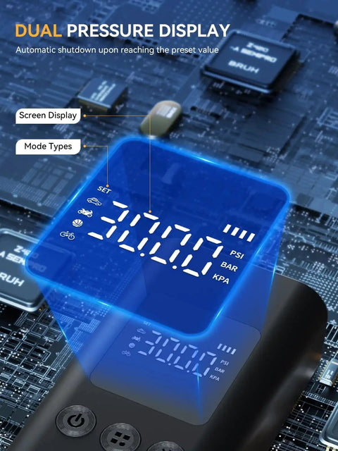 Screen display of Portable Tire Inflator And Cordless Air Compressor With 150 PSI LED Light Auto Shut Off Rechargeable Battery