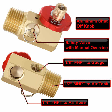 Image of brass shut-off valve components for All in one Portable Air Tank Repair Kit with safety valve and fittings.