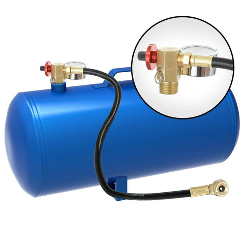 All in one Portable Air Tank Repair Kit with brass shut off valve, 0-200 psi gauge, safety bypass valve and 4 ft hose attached to blue tank