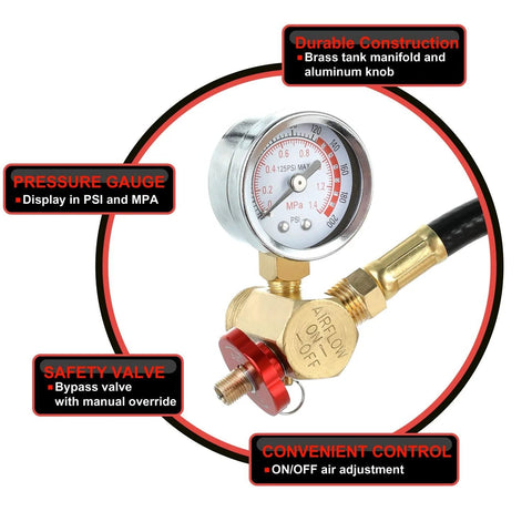 All in one Portable Air Tank Repair Kit with brass shut off valve, 0-200 psi gauge, safety bypass valve and 4 ft hose