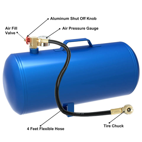 Image of a blue portable air tank with an aluminum shut off knob, air pressure gauge, 4 feet flexible hose, and tire chuck.