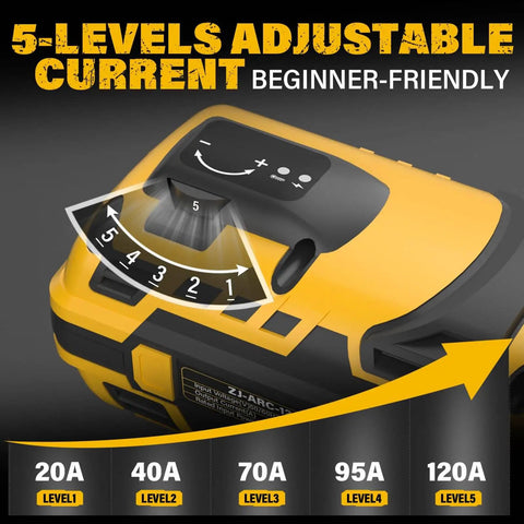 Close-up of Portable 110V Arc Welder with IGBT Inverter, showing 5-level adjustable current settings, ideal for home DIY projects.