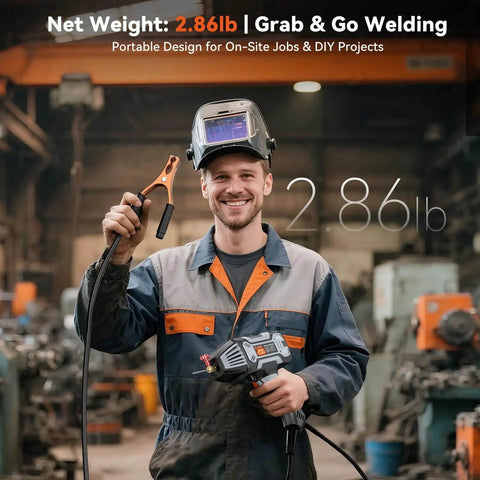 Man holding Ultra Portable 110V 200A IGBT Inverter ARC Welder With Digital Display, wearing helmet, in industrial setting