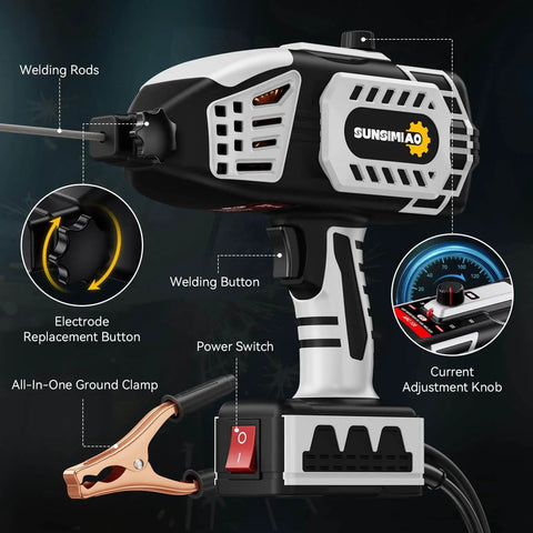 Portable 110V Arc Welder with IGBT Inverter for handheld use, showing welding rods, power switch, and current adjustment knob by Sunsimiao