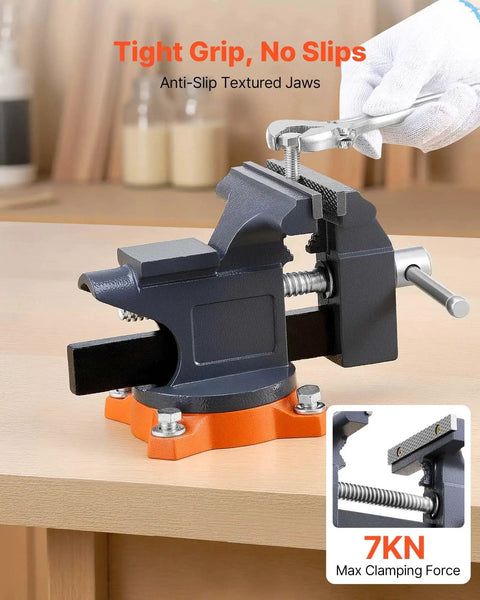 4.5 Inch Bench Vise With 270 Degree Swivel Base And Quick Release Rotating Clamp, orange base on workbench, close-up of grip