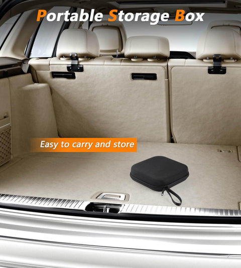 Portable storage box in car trunk showcasing easy carry and storage feature, compact and neatly placed on beige trunk mat